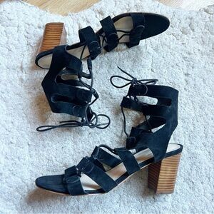 Marc Fisher: Black Suede Strappy PATSEY Lace Up Dress Block Heels Size 9.5